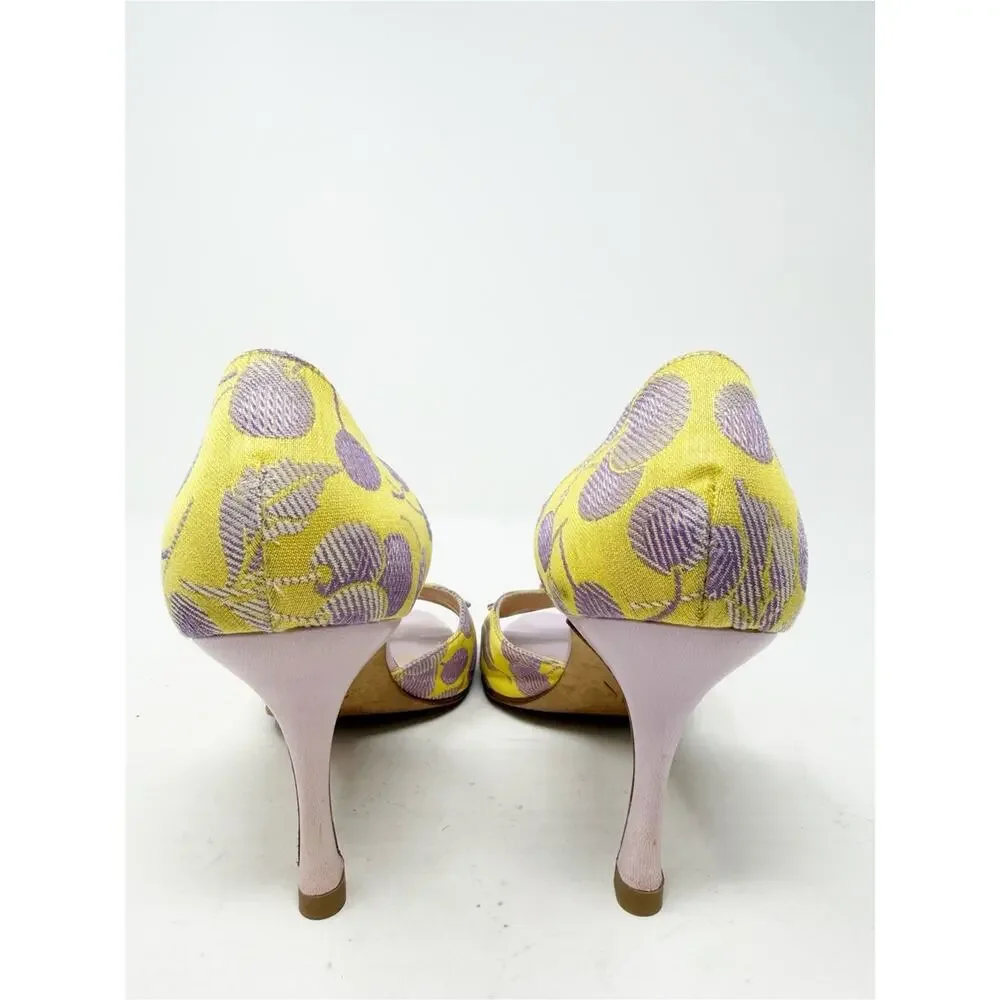 Manolo Blahnik D’Orsay Cherry Print Heels Yellow Lilac Womens Size EU 38.5